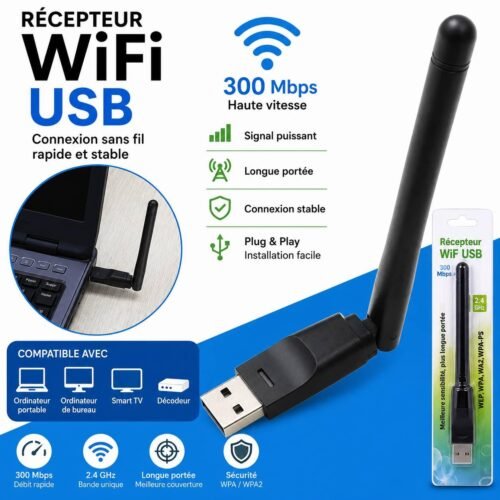 Adaptateur WiFi USB 300 Mbps 2.4 GHz avec Antenne Haute Sensibilité – Récepteur Sans Fil pour PC et Ordinateur Portable