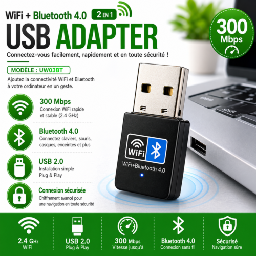 gvc.product.image_.1781783595420.13b4e140-4569-4653-8138-50cc24bde82f.png Clé WiFi + Bluetooth 4.0 300 Mbps pour PC et Ordinateur Portable
