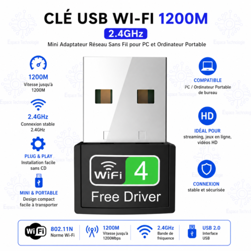 Clé USB Wi-Fi 1200M 2.4 GHz – Adaptateur Réseau Sans Fil Mini USB pour PC Portable et Bureau
