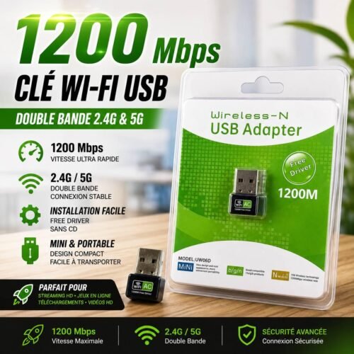 Clé USB Wi-Fi 1200M 2.4 GHz – Adaptateur Réseau Sans Fil Mini USB pour PC Portable et Bureau