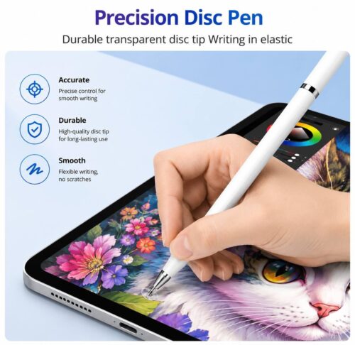 Stylet 3-en-1 Blanc Universel pour Écrans Tactiles et Écriture – Pointe Disque Précise, Embout Fibre et Stylo à Bille