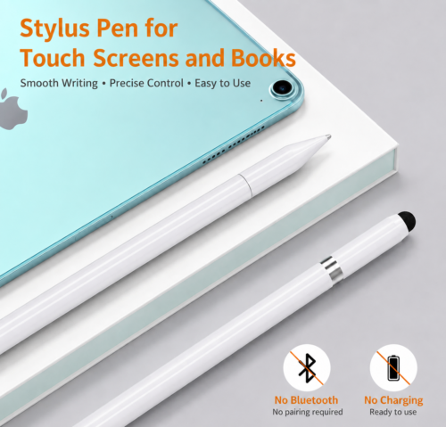 Stylet 3-en-1 Blanc Universel pour Écrans Tactiles et Écriture – Pointe Disque Précise, Embout Fibre et Stylo à Bille