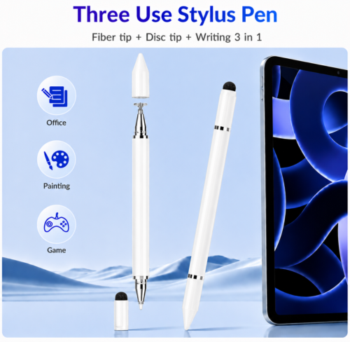 Stylet 3-en-1 Blanc Universel pour Écrans Tactiles et Écriture – Pointe Disque Précise, Embout Fibre et Stylo à Bille