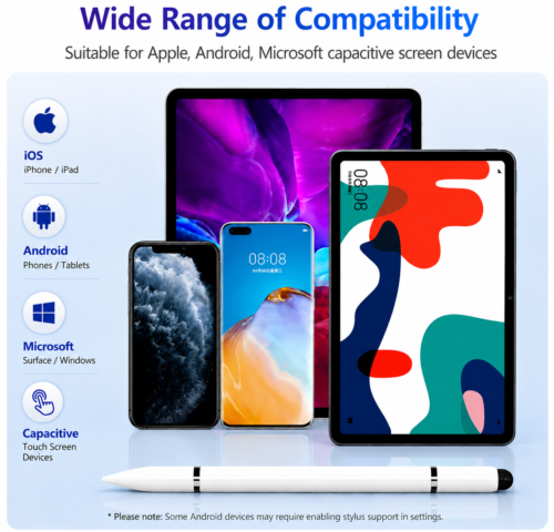 Stylet 3-en-1 Blanc Universel pour Écrans Tactiles et Écriture – Pointe Disque Précise, Embout Fibre et Stylo à Bille