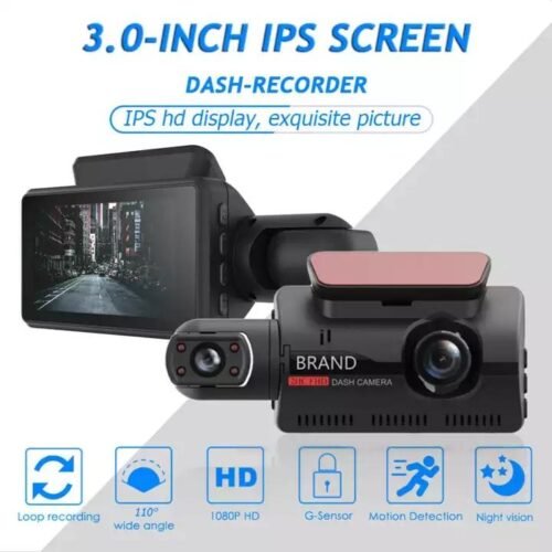 Caméra de Voiture Double Objectif Full HD 1080P avec Vision Nocturne, Détection de Mouvement et Écran IPS 3 Pouces