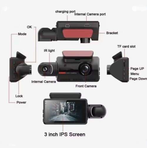 Caméra de Voiture Double Objectif Full HD 1080P avec Vision Nocturne, Détection de Mouvement et Écran IPS 3 Pouces
