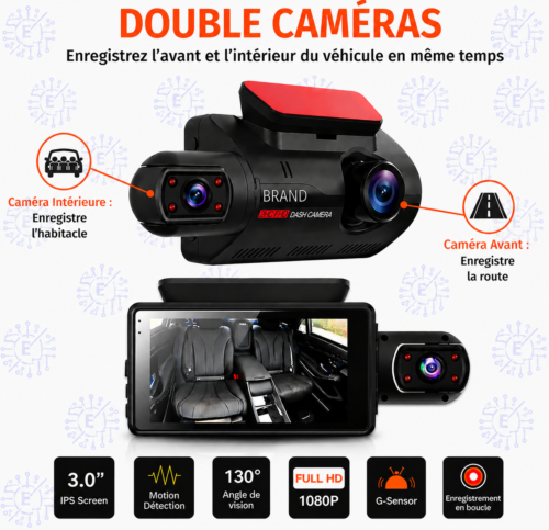 Caméra de Voiture Double Objectif Full HD 1080P avec Vision Nocturne, Détection de Mouvement et Écran IPS 3 Pouces
