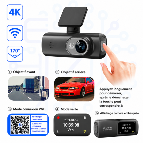 Caméra de Voiture Dash Cam 4K UHD WiFi avec Suivi du trajet, Vision Nocturne, Enregistrement en Boucle et Caméra Arrière