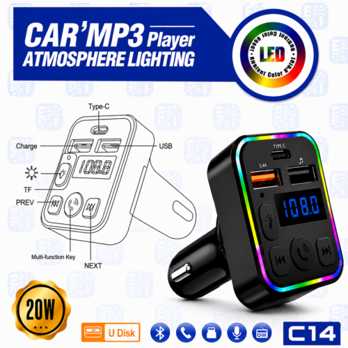 Transmetteur FM Bluetooth pour Voiture avec Charge Rapide Type-C RGB, Lecteur MP3 et Appels Mains Libres