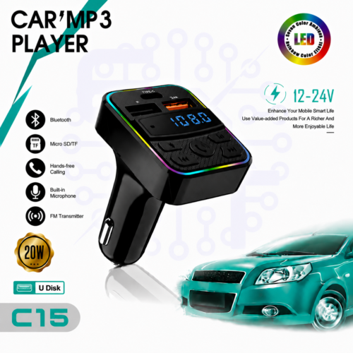Émetteur FM Bluetooth pour Voiture avec Charge Rapide USB & Type-C, Lecteur MP3, Appels Mains Libres et Écran LED