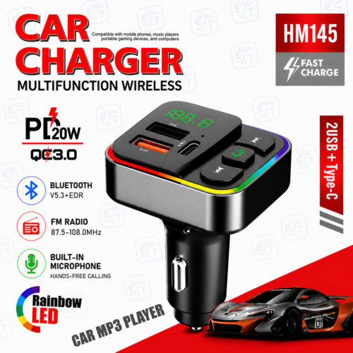 Émetteur FM Bluetooth pour Voiture avec Charge Rapide PD 20W, QC 3.0, USB + USB-C, Kit Mains Libres et Lecteur MP3