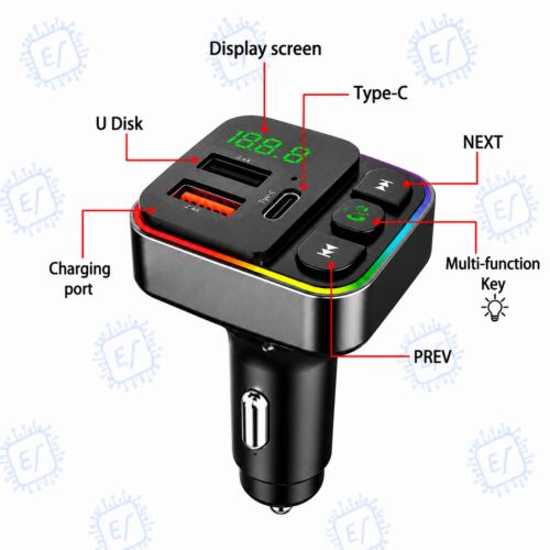 Émetteur FM Bluetooth pour Voiture avec Charge Rapide PD 20W, QC 3.0, USB + USB-C, Kit Mains Libres et Lecteur MP3