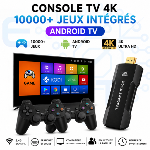 Console de Jeux et TV BOX 2 en 1 - 4K HDMI avec 2 Manettes Sans Fil – Plus de 10000 Jeux Intégrés – Compatible Android TV