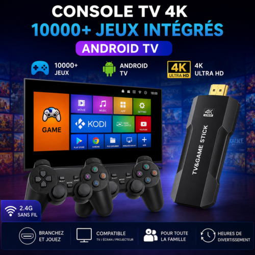 Console de Jeux et TV BOX 2 en 1 - 4K HDMI avec 2 Manettes Sans Fil – Plus de 10000 Jeux Intégrés – Compatible Android TV