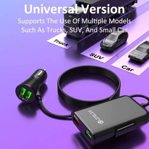 Chargeur Voiture 4 Ports USB avec Extension Arrière – Charge Rapide QC 3.0 pour Smartphones, Tablettes et Appareils USB