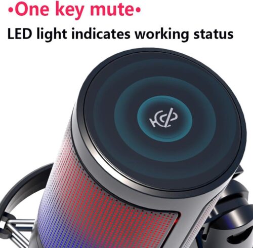 Microphone USB RGB Professionnel avec Support Antichoc, Bouton Mute et Réglage du Gain pour Streaming, Gaming et Enregistrement