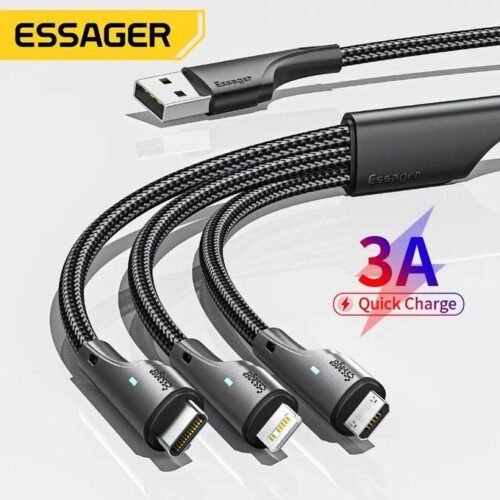 Câble USB 3-en-1 Charge Rapide 3A & Transfert de Données avec Connecteurs Type-C, Lightning et Micro USB