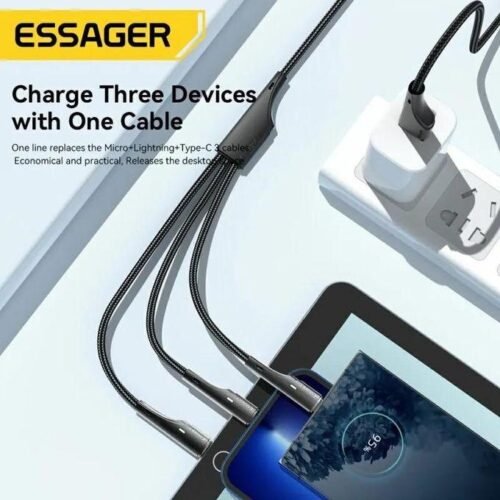 Câble USB 3-en-1 Charge Rapide 3A & Transfert de Données avec Connecteurs Type-C, Lightning et Micro USB
