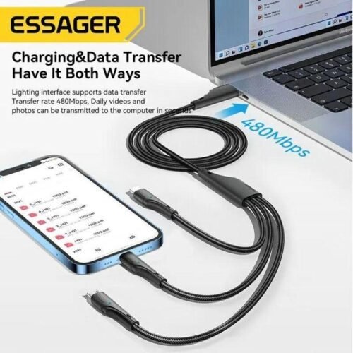 Câble USB 3-en-1 Charge Rapide 3A & Transfert de Données avec Connecteurs Type-C, Lightning et Micro USB
