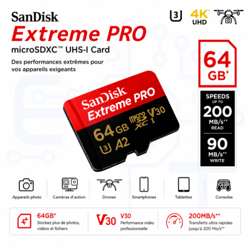 Carte Mémoire microSDXC 64 GB UHS-I V30 A2 Haute Vitesse avec Adaptateur SD