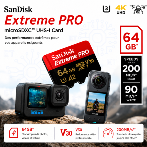 Carte Mémoire microSDXC 64 GB UHS-I V30 A2 Haute Vitesse avec Adaptateur SD