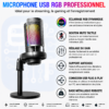 Microphone USB RGB Professionnel avec Support Antichoc, Bouton Mute et Réglage du Gain pour Streaming, Gaming et Enregistrement
