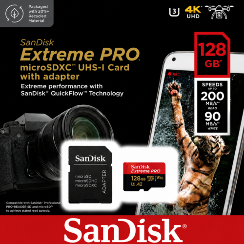 Carte Mémoire microSDXC 128 GB UHS-I V30 A2 Haute Vitesse avec Adaptateur SD