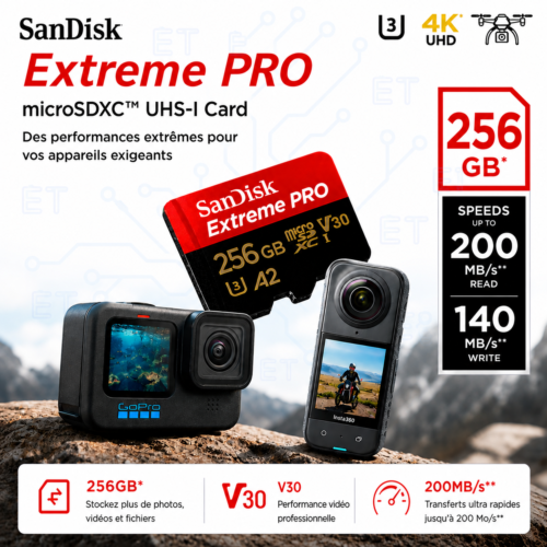 Carte Mémoire microSDXC 256 GB UHS-I V30 A2 Haute Vitesse avec Adaptateur SD