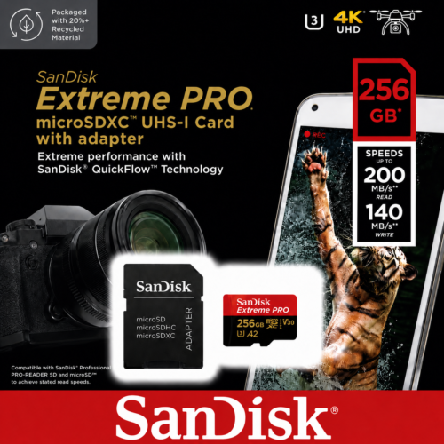 Carte Mémoire microSDXC 256 GB UHS-I V30 A2 Haute Vitesse avec Adaptateur SD