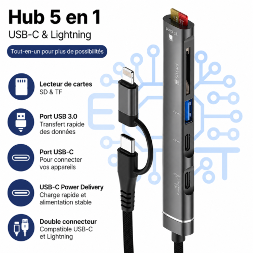 Hub OTG 5 en 1 USB-C & Lightning avec Lecteur SD/TF, USB 3.0 et Double Port USB-C