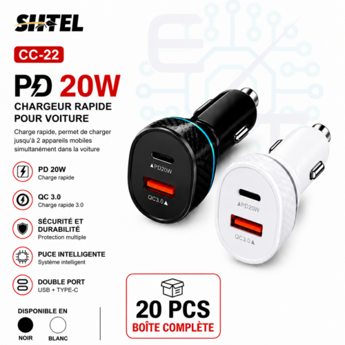 Chargeur Allume-Cigare Voiture PD 20W + QC 3.0 USB & Type-C – Boîte de 20 Pièces – Noir & Blanc