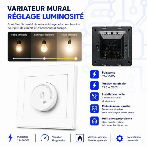Variateur Mural LED 15–100W – Interrupteur Rotatif avec Réglage Progressif de la Luminosité – 220~250V