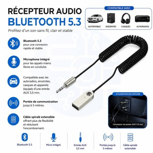 Récepteur Audio Bluetooth 5.3 AUX 3.5 mm Sans Fil pour Voiture, Haut-Parleurs et Casque – Modèle BT860