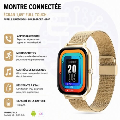 Montre Connectée GT20 Écran 1,69" Full Touch avec Appels Bluetooth – Gold