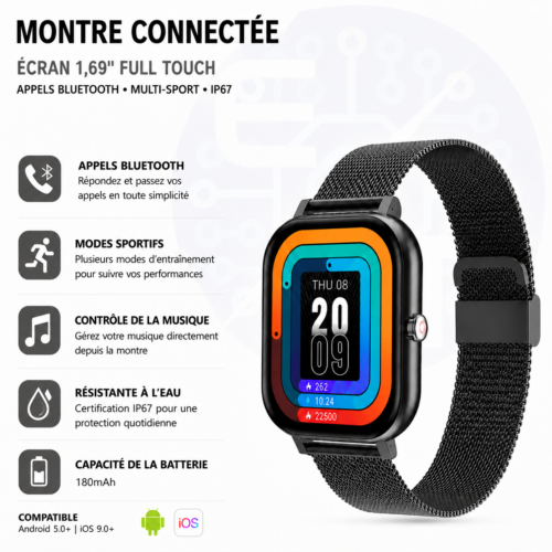 Montre Connectée GT20 Écran 1,69" Full Touch avec Appels Bluetooth – Noir