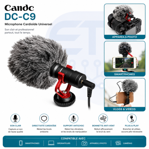 gvc.product.image_.1782920675677.8e24d593-dabb-40c3-b1f8-78b88c7a7fe7.png Microphone Cardioïde Universel Candc DC-C9 avec Bonnette Anti-Vent – Compatible Smartphone, PC, Appareil Photo et Caméra Professionnelle