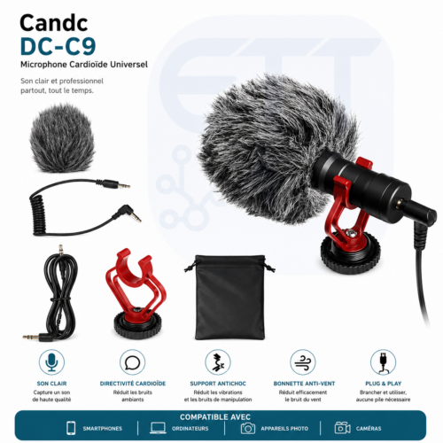 gvc.product.image_.1782920709125.ed7a9304-a10c-4c13-b076-d23b5a21dcd9.png Microphone Cardioïde Universel Candc DC-C9 avec Bonnette Anti-Vent – Compatible Smartphone, PC, Appareil Photo et Caméra Professionnelle