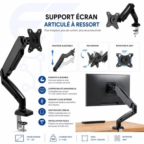 Support de Moniteur à Ressort à Gaz Réglable Bras Articulé pour Écrans 17 à 32 Pouces Rotation 360° Fixation VESA