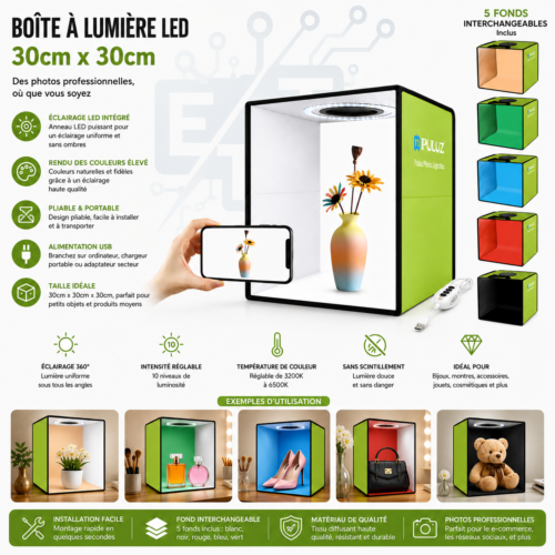 Boîte à Lumière LED 30 × 30 cm – Studio Photo Pliable avec Éclairage LED Intégré pour Photos de Produits