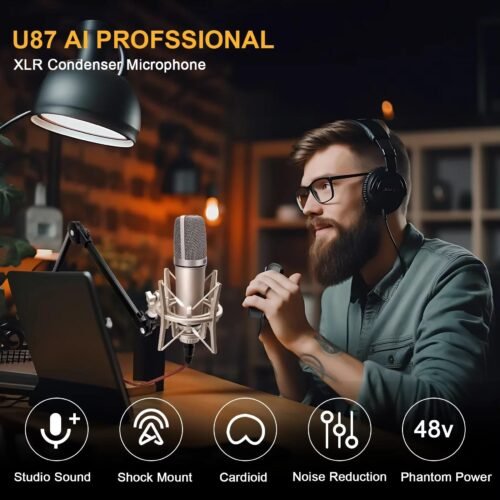 Microphone à Condensateur U87 AI XLR Professionnel 34 mm avec Support Antichoc – Qualité Studio 48V