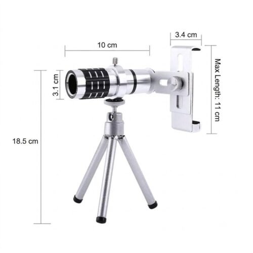 Objectif Téléphoto 12X Universel pour Smartphone avec Trépied, Support Réglable et Étui de Transport
