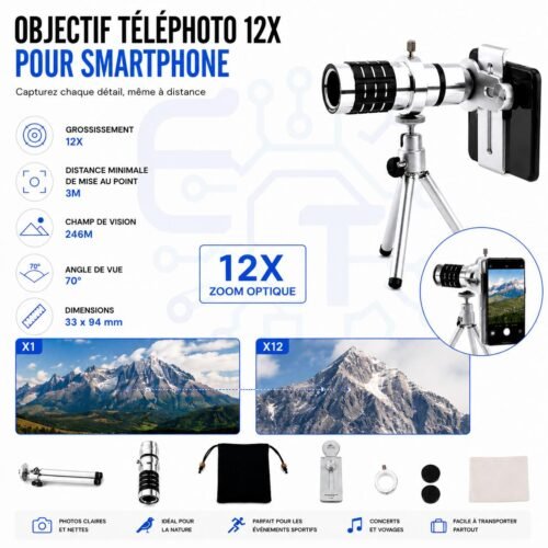 Objectif Téléphoto 12X Universel pour Smartphone avec Trépied, Support Réglable et Étui de Transport