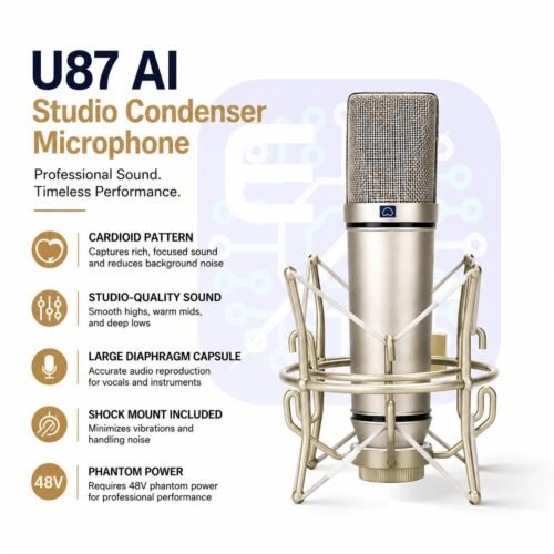 Microphone à Condensateur U87 AI XLR Professionnel 34 mm avec Support Antichoc – Qualité Studio 48V