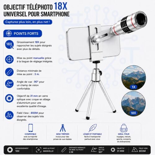 Objectif Téléphoto 18X Universel pour Smartphone avec Mise au Point Manuelle et Trépied