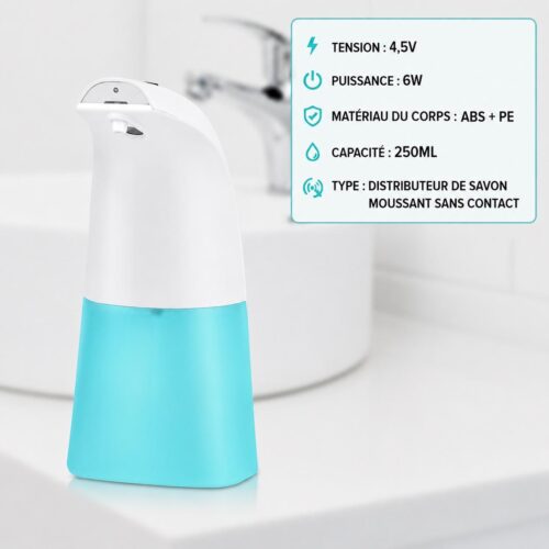 Distributeur Automatique de Savon Moussant Sans Contact 250 ml avec Capteur Infrarouge – Distributeur de Savon Mural pour Salle de Bain et Cuisine