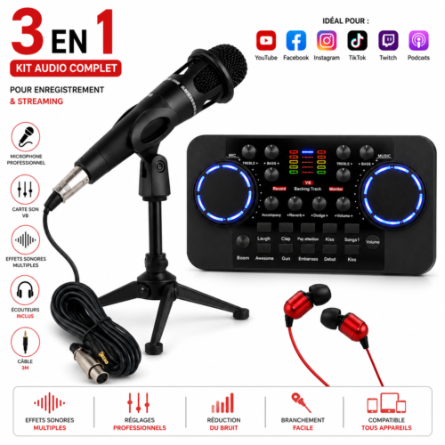 Kit Audio Professionnel 3-en-1 avec Microphone, Carte Son, Trépied, Écouteurs et Câble – Idéal pour Streaming, Podcast, Gaming et Enregistrement