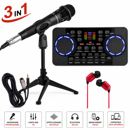 Kit Audio Professionnel 3-en-1 avec Microphone, Carte Son, Trépied, Écouteurs et Câble – Idéal pour Streaming, Podcast, Gaming et Enregistrement