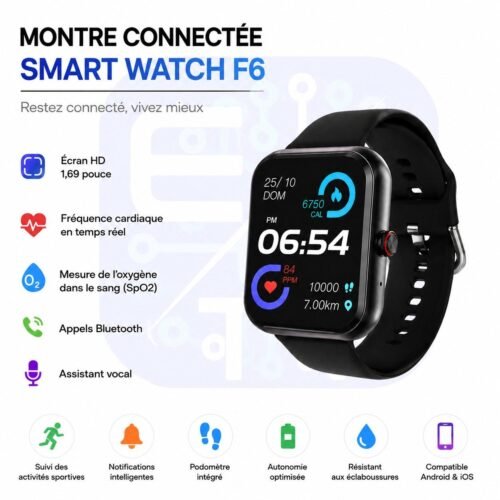 Montre Connectée Bluetooth avec Appels, Écran HD 1.69", Suivi Santé, SpO2 et Fréquence Cardiaque