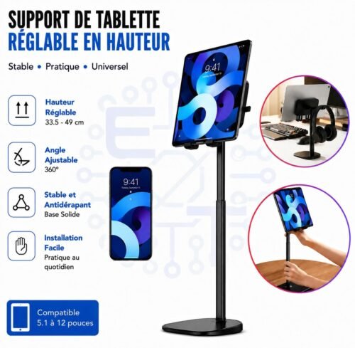 Support de Tablette Réglable en Hauteur – Support de Bureau Stable pour Tablettes 5.1 à 12 Pouces