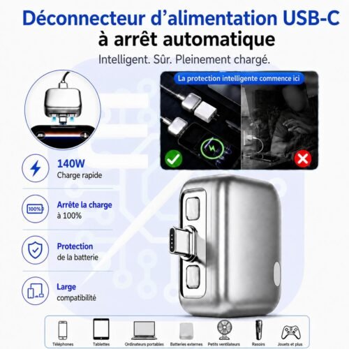 Module Intelligent d’Arrêt Automatique de Charge USB-C 140W – Protection Batterie avec Déconnexion à 100% pour Smartphones, Tablettes et Ordinateurs Portables